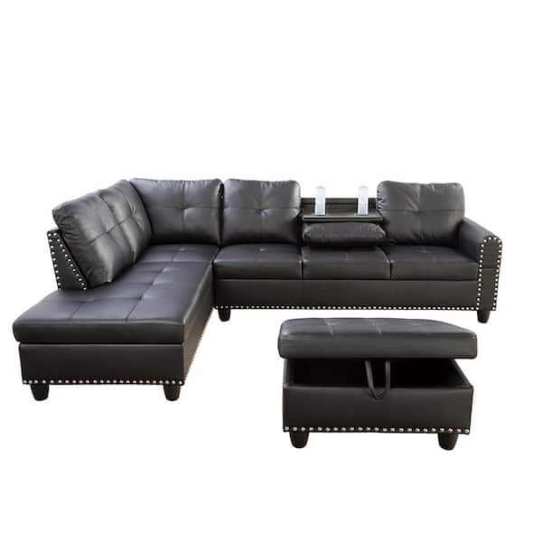 Star Home Living 104 In. Square Arm 3-Piece Faux Leather L-Shaped ... with Black Faux Leather L Shaped Sofa