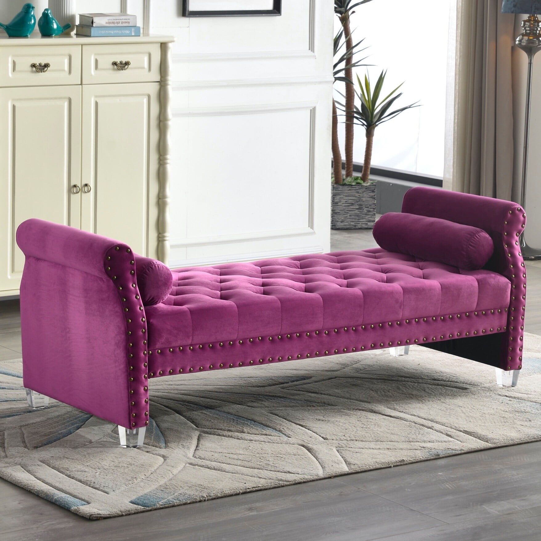 Stefania 71-Inch Rolled Arm Oversized Velvet Tufted Upholstered Bench Standard Benches Purple ... in 45&quot; Plum And Purple Upholstered Velvet Bench