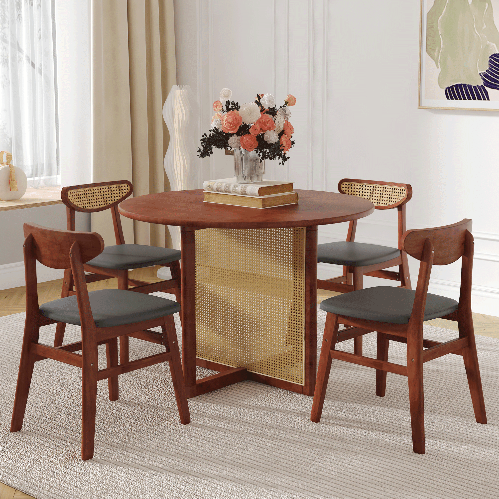 Table And Chair Set.a 42 Inch Diameter Walnut Color Rubber Wood Round ... with regard to Rubber Wood Round Dining Table, Dark Gray