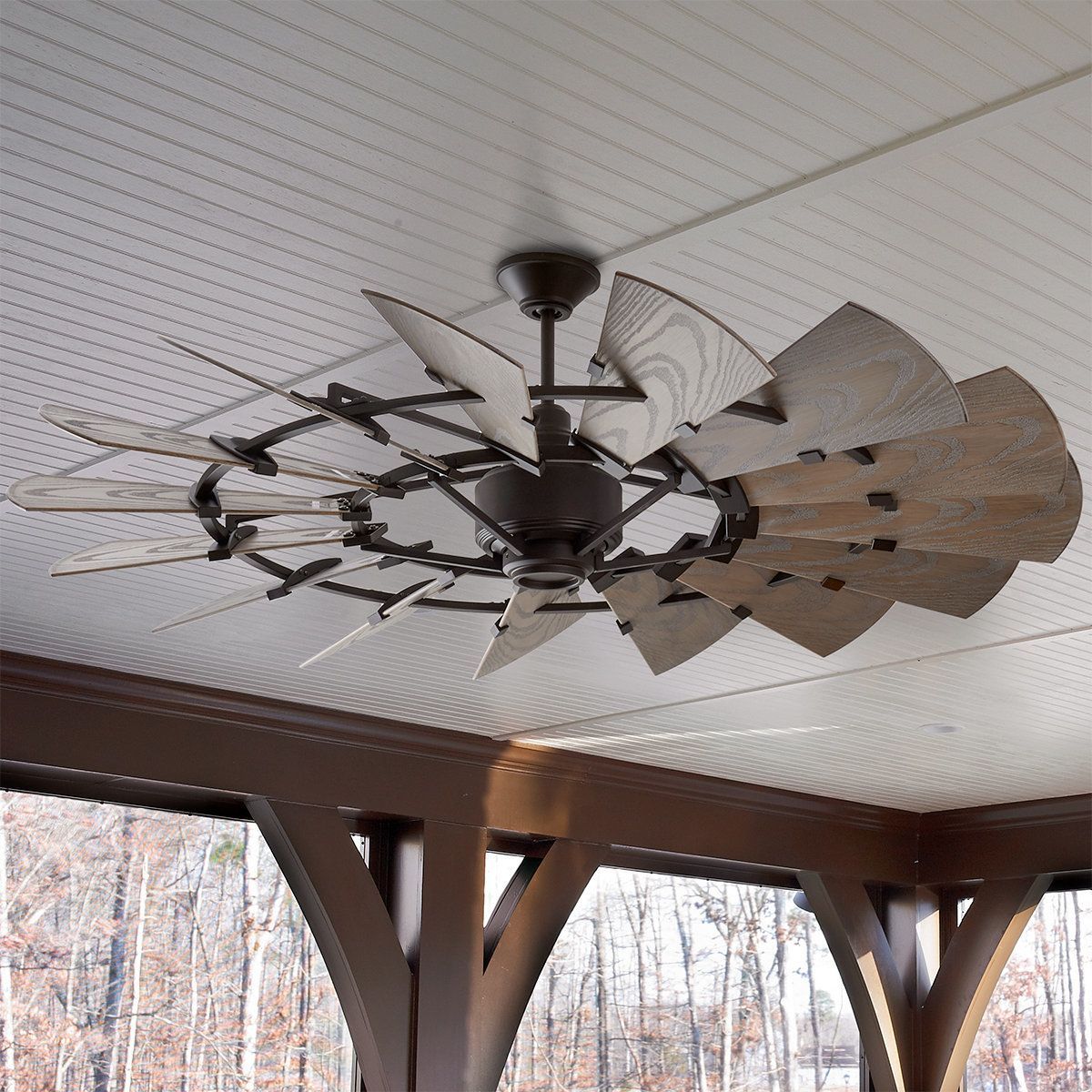 This Stunning Rustic Ceiling Fan Utilizes Fifteen Dramatically Tilted ... inside Rustic Outdoor Ceiling Fan Wood Finish