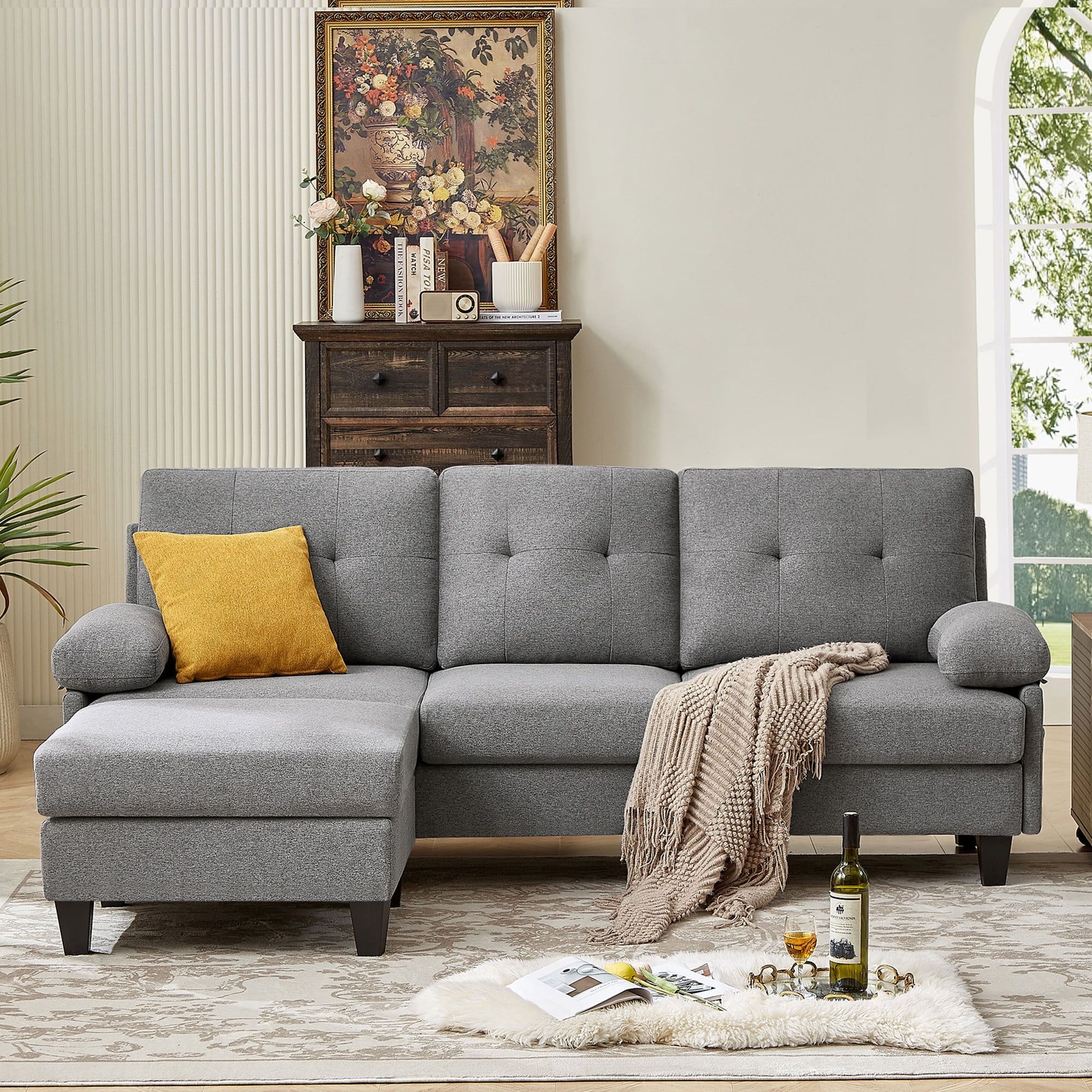 Tornama Linen Reclining L Shaped Sectional Sofa, Light Gray - Walmart.com pertaining to Essick Sectional Sofa, Light Gray Linen