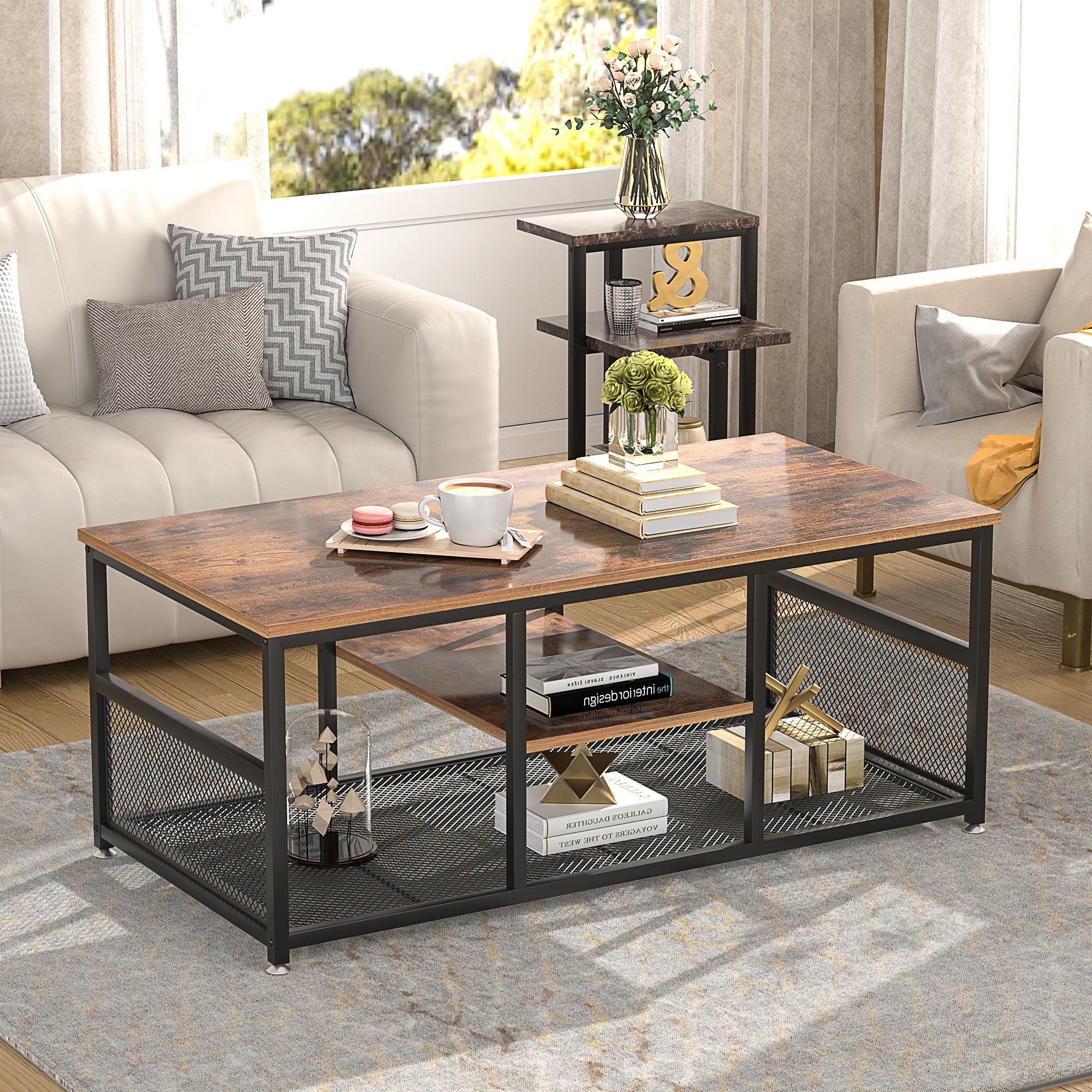 Trent Austin Design® Kempst Industrial Coffee Table With Storage Shelf ... pertaining to Unveiling the Industrial Coffee Table Set with Cantilever Design &amp;amp; Aged Bronze Frames