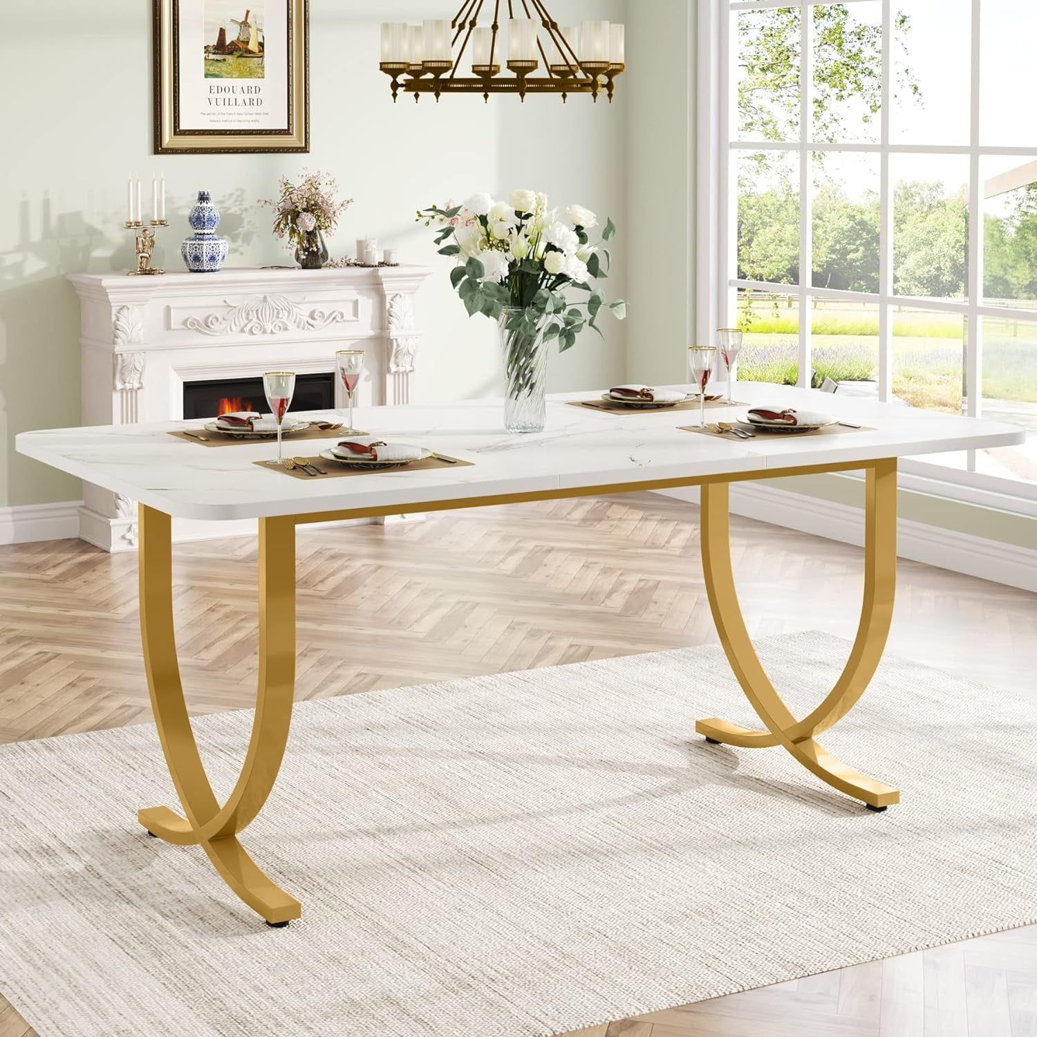 Tribesigns Rectangular Dining Table For 4 To 6, 63-Inch White And Gold ... intended for Safavieh Couture Rosie Marble Top Dining Table White/Gold