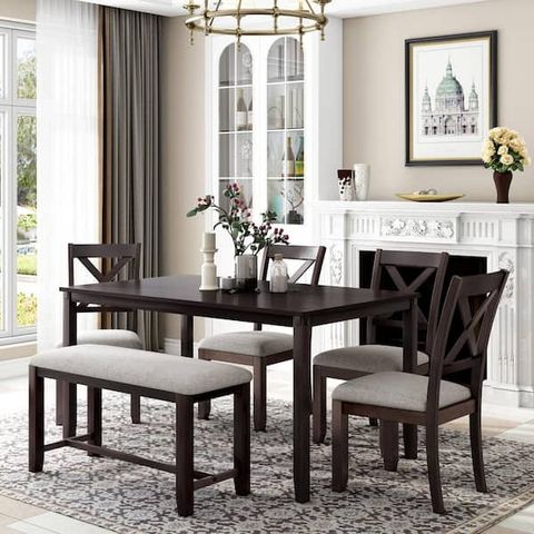 Urtr 6-Piece Wood Top Espresso Dining Table Set With Bench, Kitchen ... intended for Wood Dining Table With Storage, Espresso