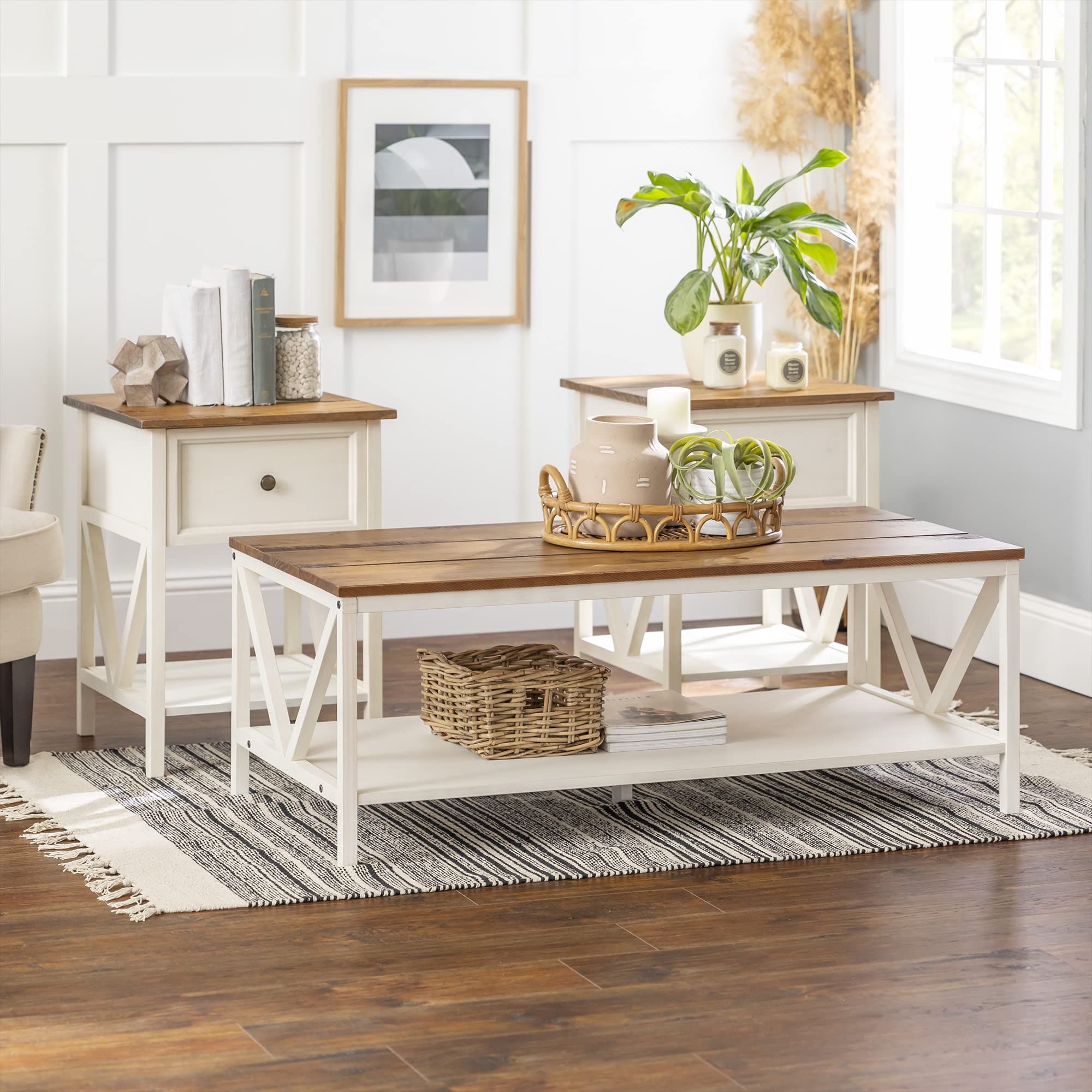 Walker Edison Clara Modern Farmhouse Solid Wood Coffee Side Table Set ... with 3Pc White Wood Coffee Table Set With Gold Painted Legs