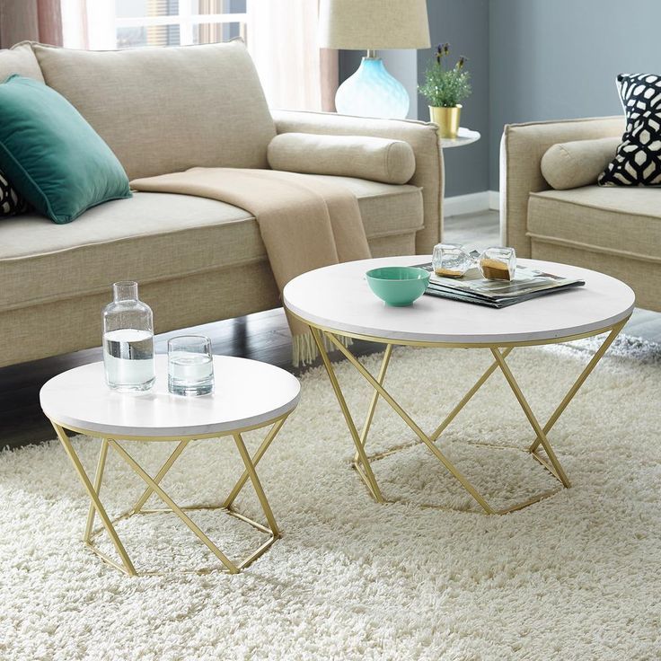 Walker Edison Furniture Company 2-Piece 28 In. Gold Medium Round Glass ... pertaining to Chic and Sophisticated White Wood Coffee Table Sets with Gold Painted Legs Explained