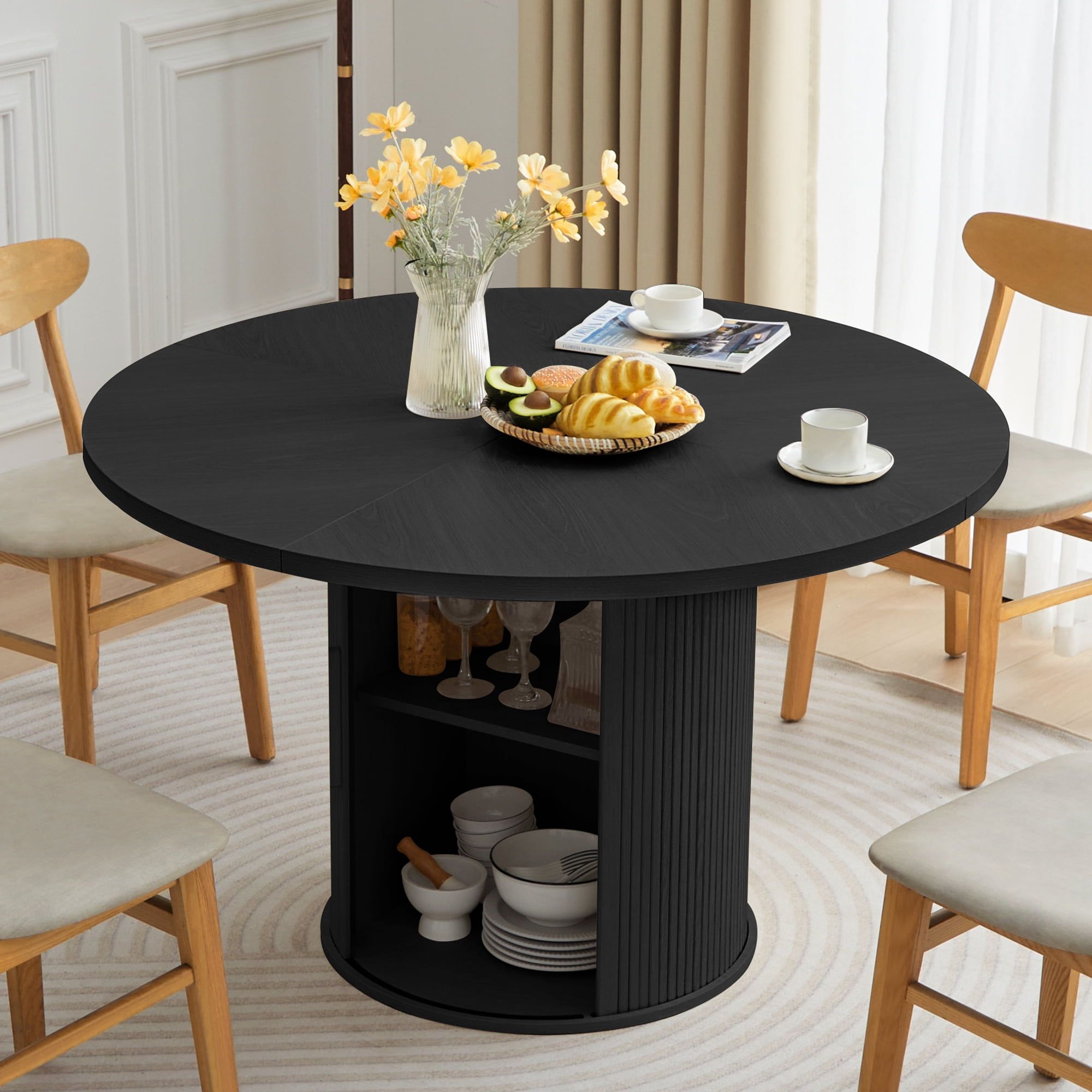 Wirrytor 47&quot; Round Dining Table With Storage Cabinet, Modern Round ... intended for How to Choose the Perfect Extendable Dining Table with Built-in Shelving