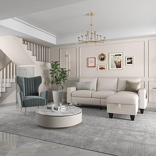 Zeefu Convertible Sectional Sofa Couch,Beige Linen Fabric Modern 3-Seat L-Shaped Upholstered ... for Sectional Sofa Couch, Beige, Fabric, Lounge Living