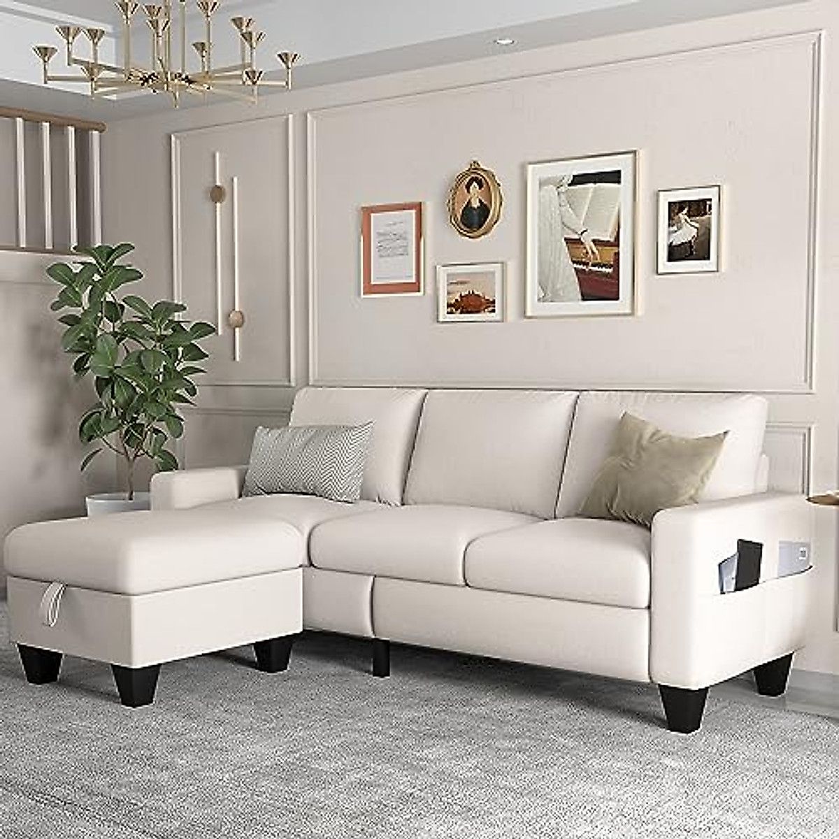 Zeefu Convertible Sectional Sofa Couch,Beige Linen Fabric Modern 3-Seat L-Shaped Upholstered ... in Sectional Sofa Couch, Beige, Fabric, Lounge Living