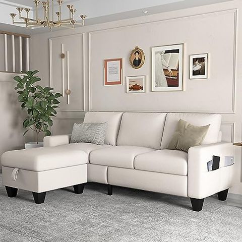 Zeefu Convertible Sectional Sofa Couch,Beige Linen Fabric Modern 3-Seat L-Shaped Upholstered ... in Sectional Sofa Couch, Beige, Fabric, Lounge Living