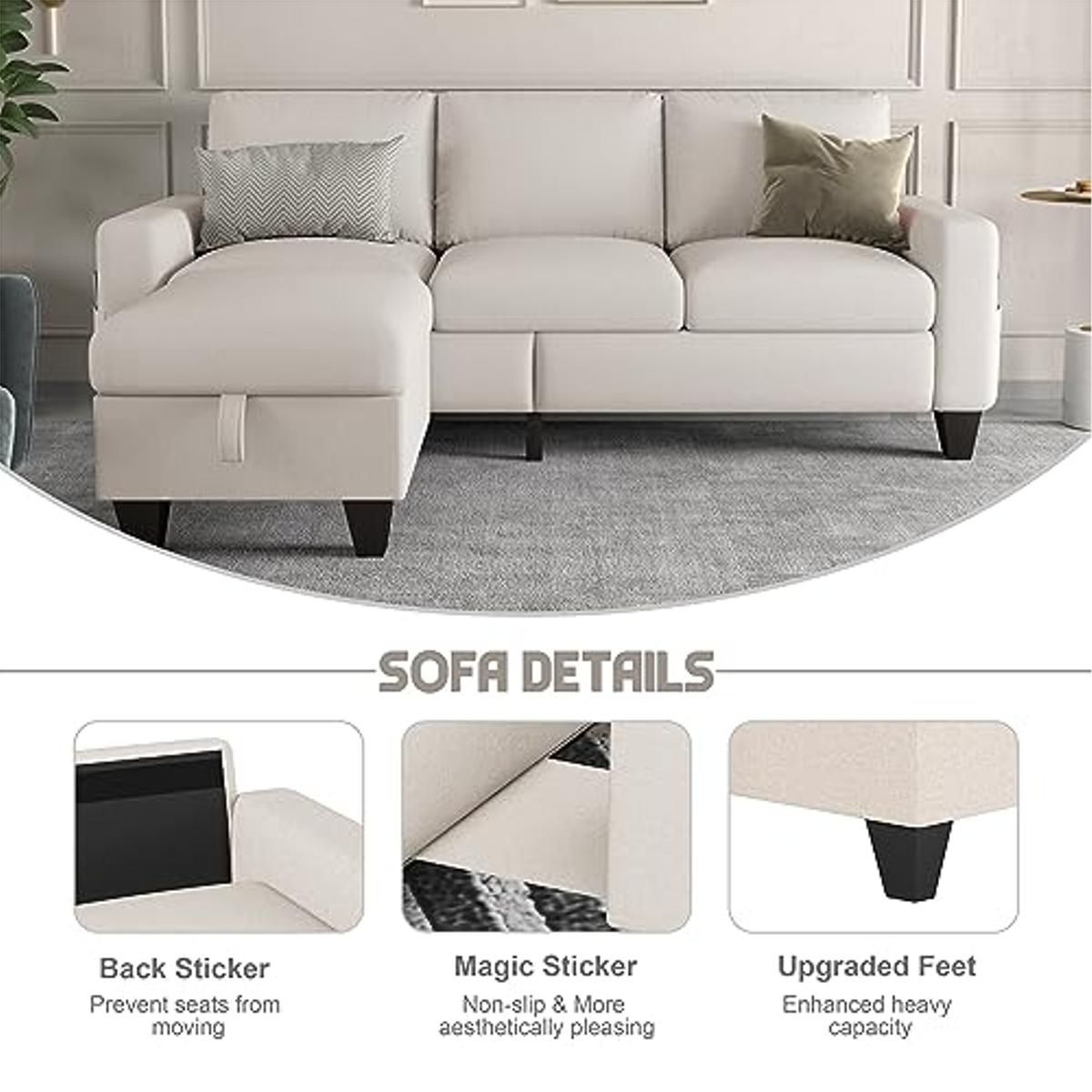 Zeefu Convertible Sectional Sofa Couch,Beige Linen Fabric Modern 3-Seat L-Shaped Upholstered ... inside Sectional Sofa Couch, Beige, Fabric, Lounge Living
