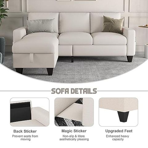 Zeefu Convertible Sectional Sofa Couch,Beige Linen Fabric Modern 3-Seat L-Shaped Upholstered ... inside Sectional Sofa Couch, Beige, Fabric, Lounge Living