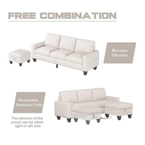 Zeefu Convertible Sectional Sofa Couch,Beige Linen Fabric Modern 3-Seat L-Shaped Upholstered ... with regard to Sectional Sofa Couch, Beige, Fabric, Lounge Living