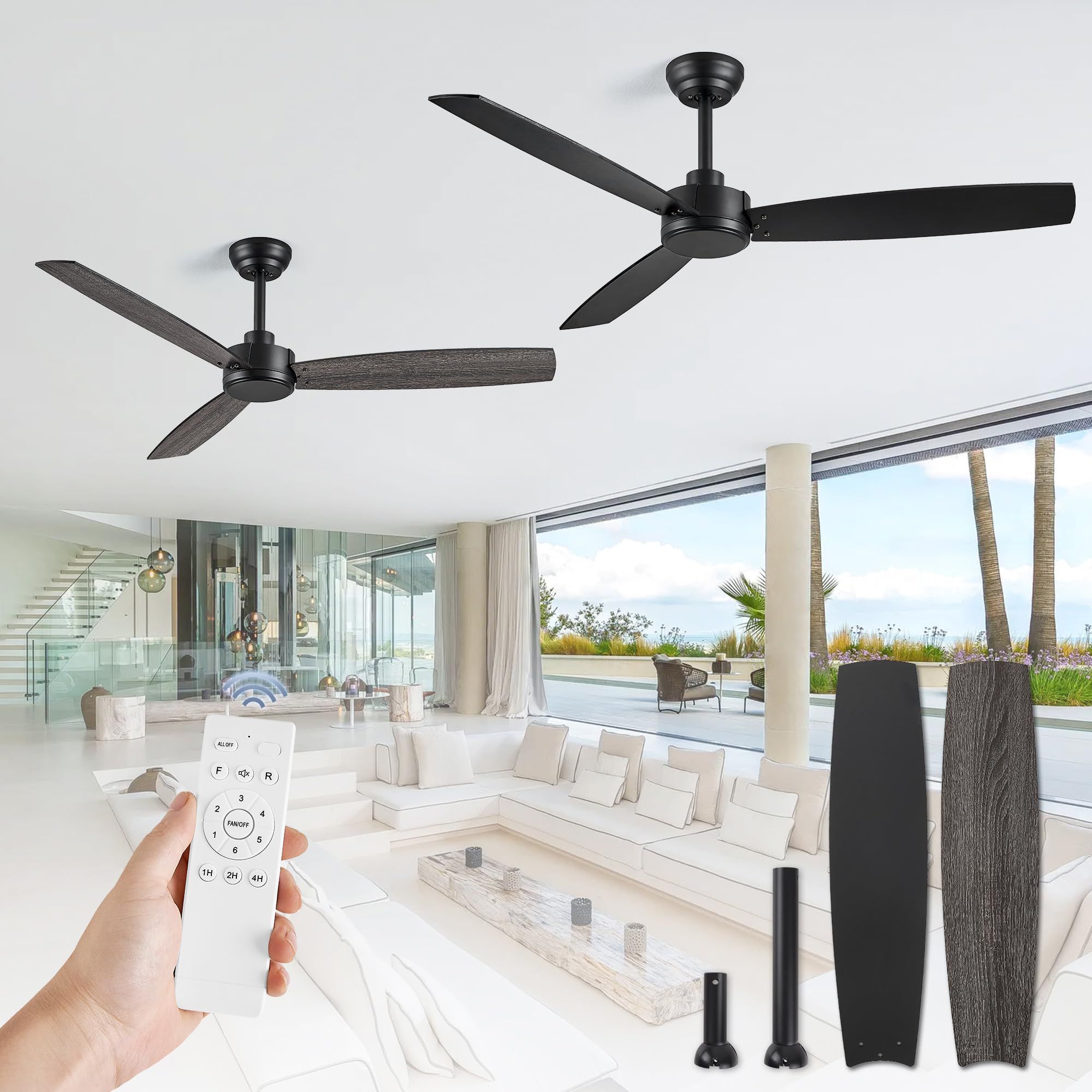 Zmishibo 2 Pack 52 Inch Outdoor Ceiling Fans With Remote, Black Ceiling ... intended for Modern Black Outdoor Ceiling Fan Quiet Motor