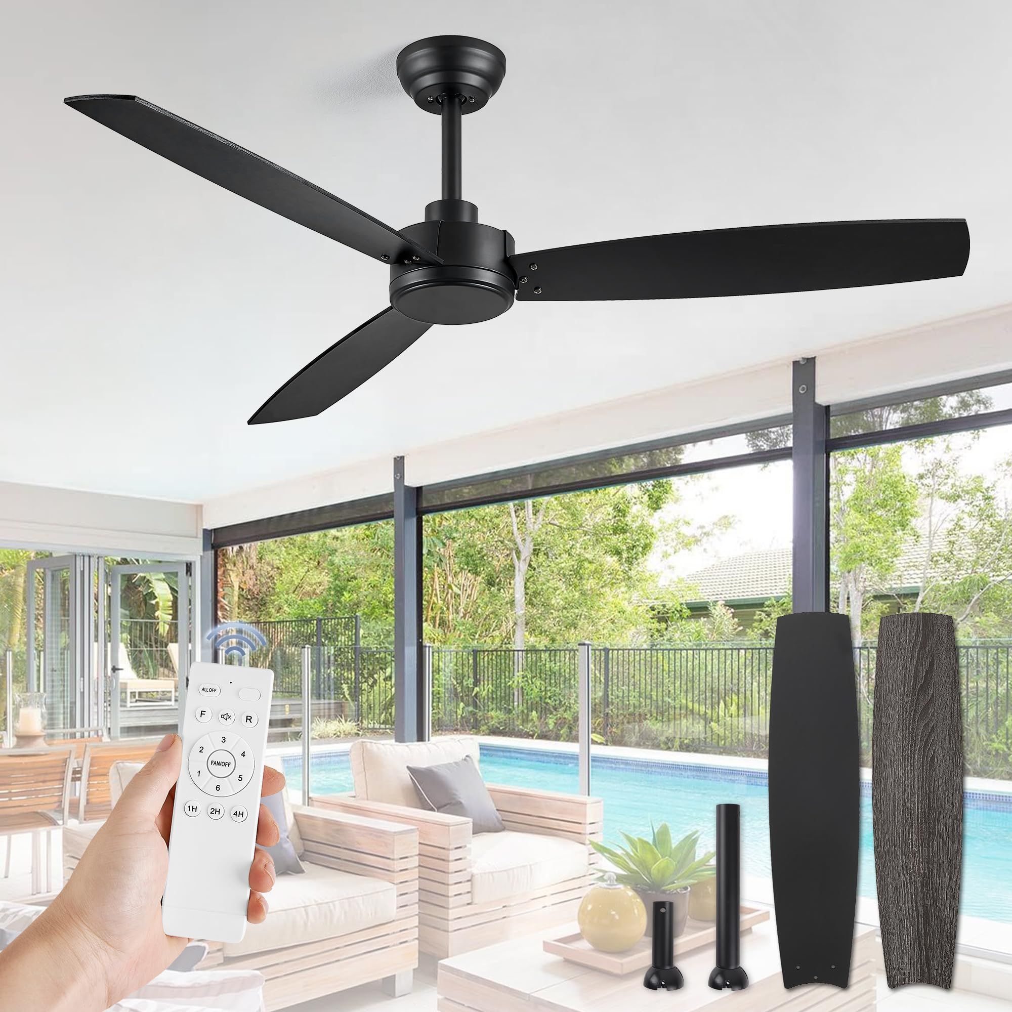 Zmishibo 52 Inch Outdoor Ceiling Fan With Remote, Black Ceiling Fan No ... with Modern Outdoor Ceiling Fan With Wireless Remote