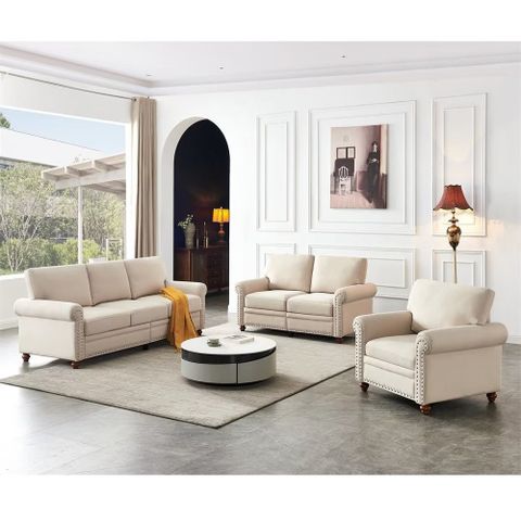 3 Piece Living Room Set With 3-Seat Sofa Loveseat Armchair, Upholstered ... in Celestia 3-Piece Living Room Set, Beige