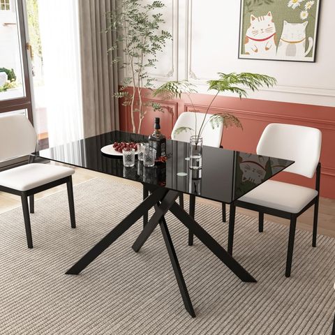 51.18" Black Glass Dining Table For 4 6, Rectangular Kitchen Tabe With ... in Iris Black Glass Dining Table