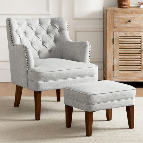 Amazon.com: Accent Chair With Ottoman Upholstered Button Tufted Chair ... for Woodard Light Grey Upholstered Antique Oak 2-Piece Wood Armchair And Ottoman Set