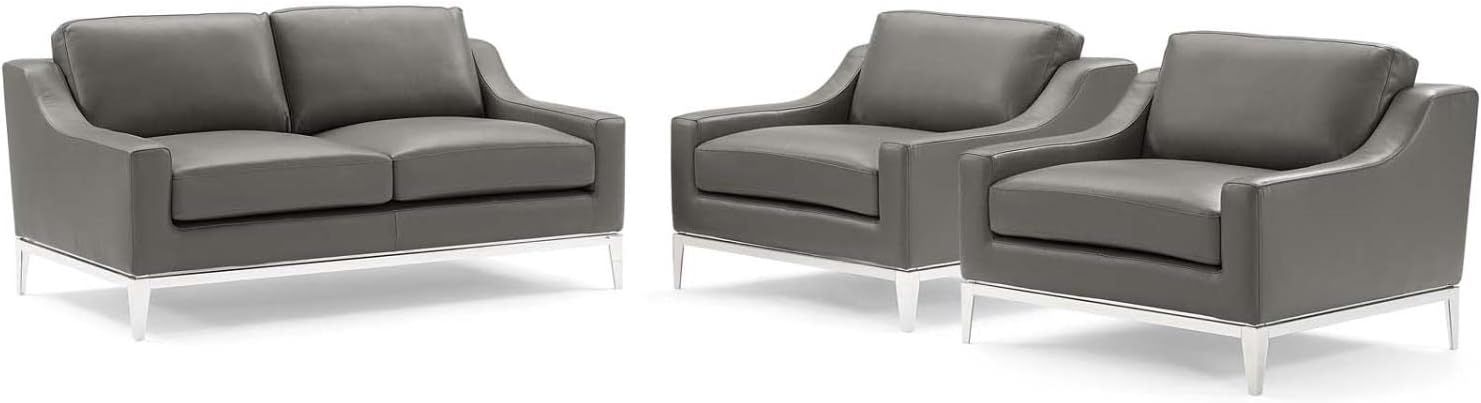 Amazon.com: Modway Harness 3 Piece Stainless Steel Base Leather Set In ... intended for Modway Harness Stainless Steel &amp; Leather Loveseat And Armchair Set In Gray