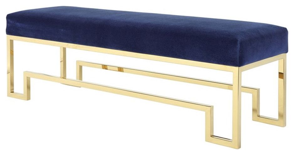 American Home Classic Laurence Steel And Velvet Bench In Gold And Navy ... regarding American Home Laurence Steel And Fabric Bench In High Polish Gold/Sand Boucle