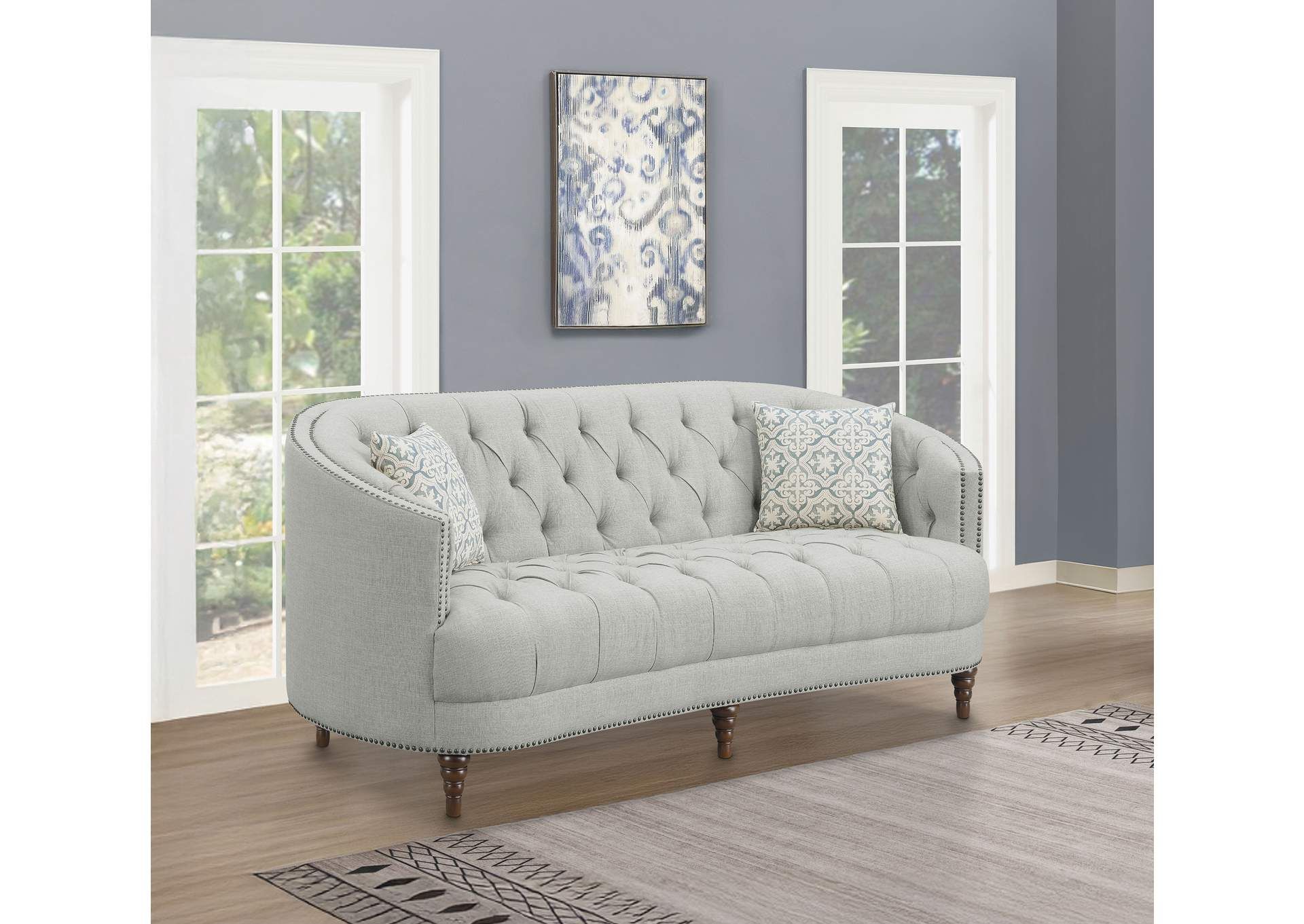 Avonlea Sloped Arm Upholstered Sofa Trim Grey Southern Furniture Co. Inc. intended for Coaster Avonlea 3-Piece Sloped Arm Upholstered Fabric Sofa Set In Gray