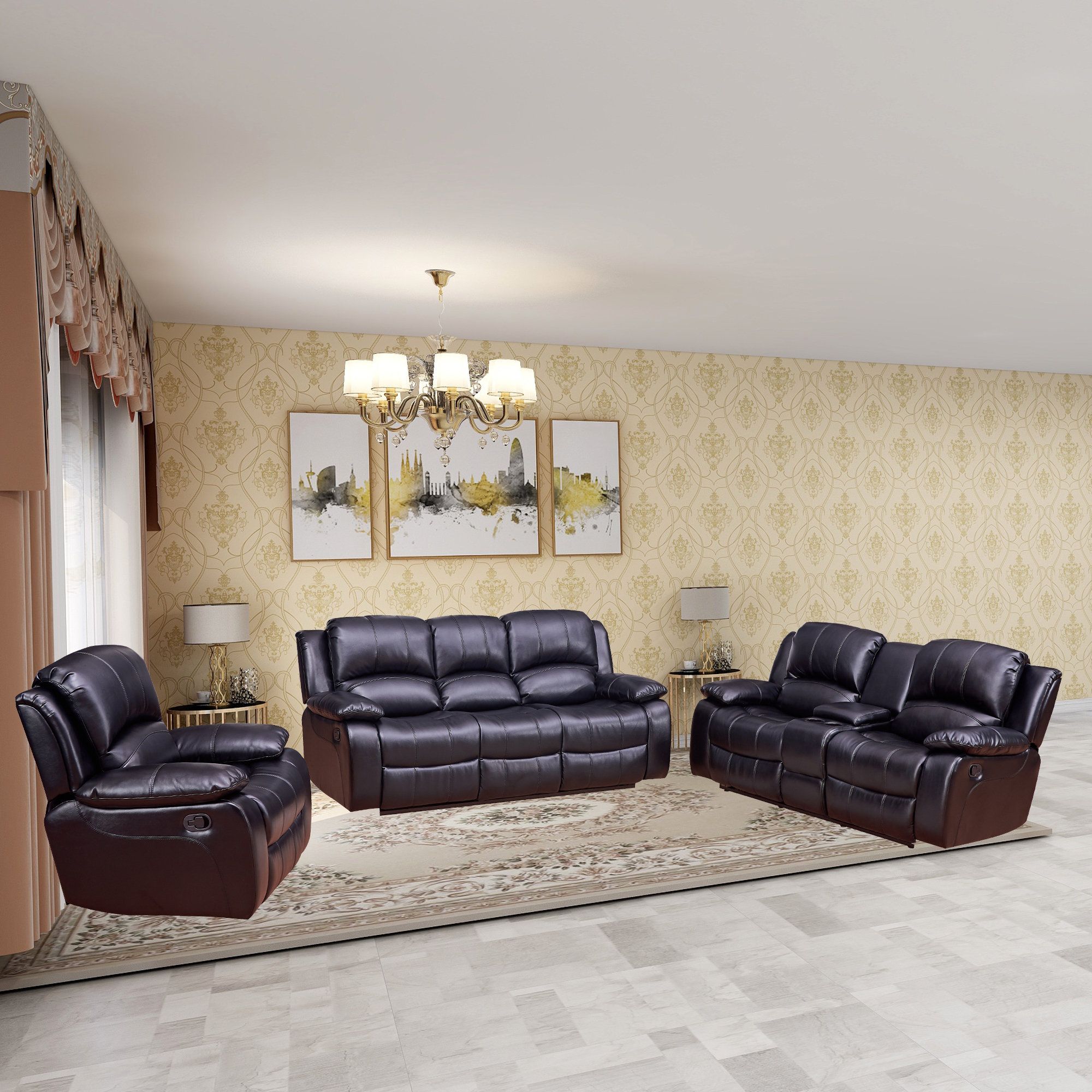 Betsy Furniture 3-Piece Bond Leather Reclining Living Room Set, Black ... with regard to Betsy Furniture 3-Piece Bond Leather Reclining Living Room Set, Black