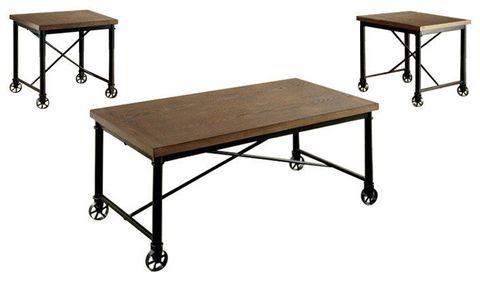 Bowery Hill 3 Piece Coffee Table Set In Medium Oak - Industrial ... with regard to Understanding the Appeal of Bowery Hill's Gray Oak Coffee Table Collection