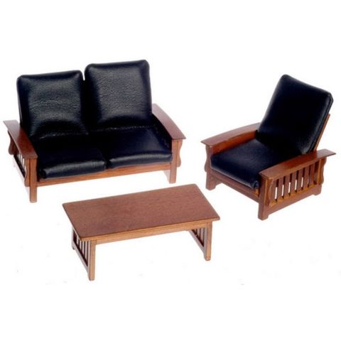 Dolls House Mission Living Room Furniture Set Walnut & Black Leather 1: ... in Dolls House Sitting Room Furniture