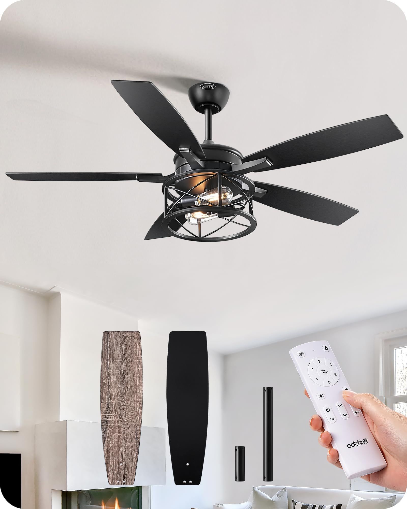 Edishine 52&quot; Black Farmhouse Ceiling Fans With Lights, Remote Control ... pertaining to The Science Behind Reversible Blade Technology in Outdoor Applications