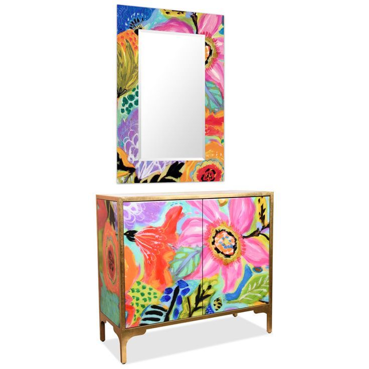 Empire Art Direct &quot;Secret Garden Floral Ii&quot; Reverse Printed Beveled Art ... in &quot;Sapphire Sea&quot; Reverse Printed Beveled Art Glass Cabinet And Mirror Set