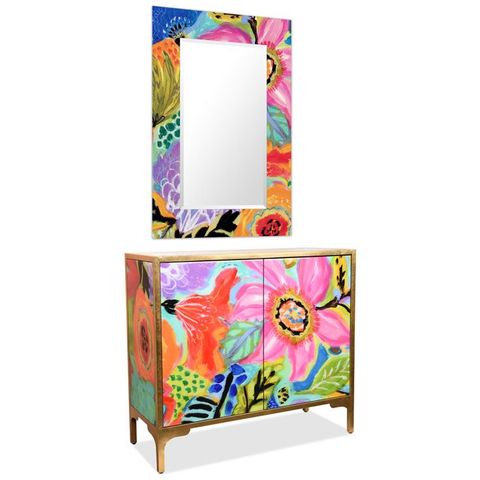 Empire Art Direct "Secret Garden Floral Ii" Reverse Printed Beveled Art ... in "Sapphire Sea" Reverse Printed Beveled Art Glass Cabinet And Mirror Set