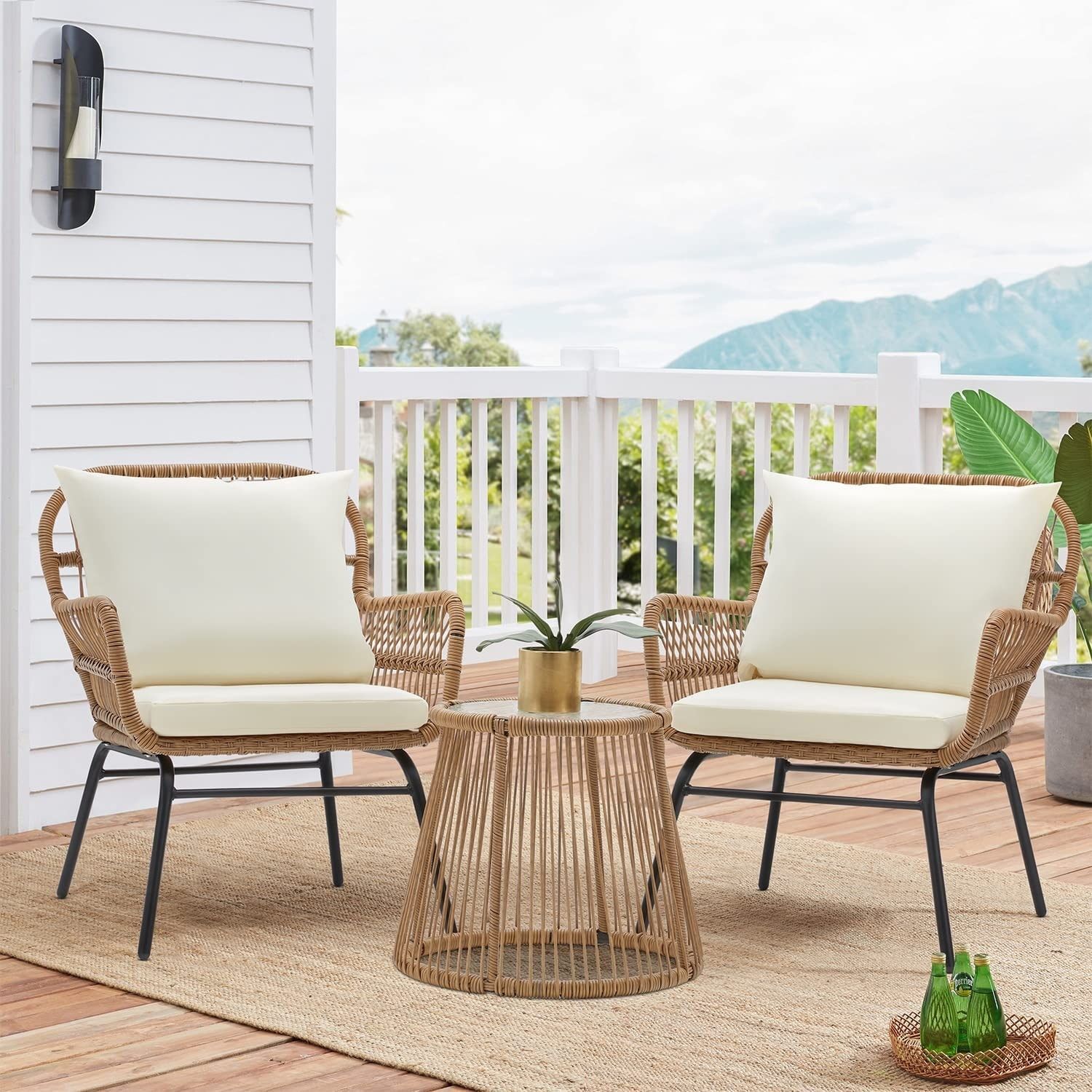 Erommy 3-Piece Patio Conversation Set With Glass Table &amp; 2 Armchairs ... regarding Jasper 21&quot;W 3-Piece Ebony Black Arm Chairs And Console Table Set