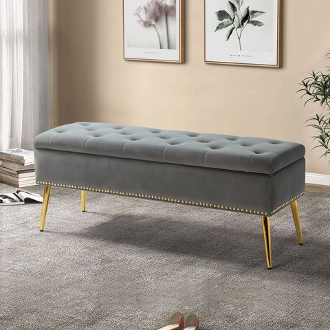 Grey Velvet Storage Ottoman Bench, Bedroom Foot Stool With Gold Legs ... pertaining to Cortesi Home Herman Ottoman Bench, Gray Fabric With Nailhead Trim
