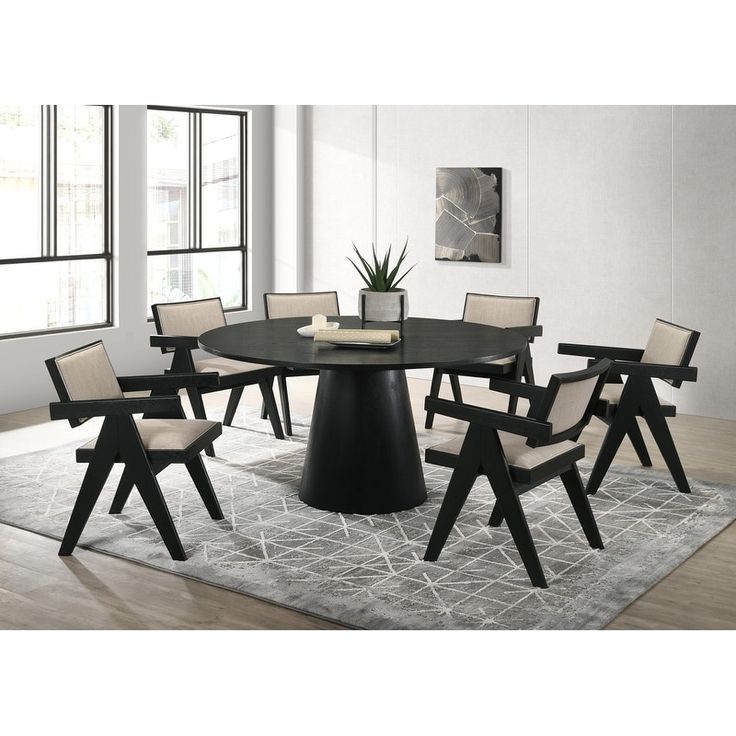 Jasper 7-Piece Ebony Black 59&quot; Wide Round Dining Set - Bed Bath ... inside Exploring the Versatility of Jasper's 21&quot; Widespread Arm Chair and Console Table Combination