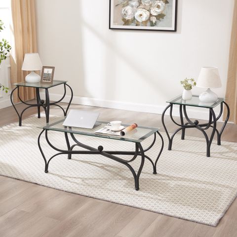Jrhrxxy Black Tempered Glass Coffee Table Set, 3-Piece With Modern ... throughout Contemporary Clear Glass And Matte Black Coffee And End Table Set
