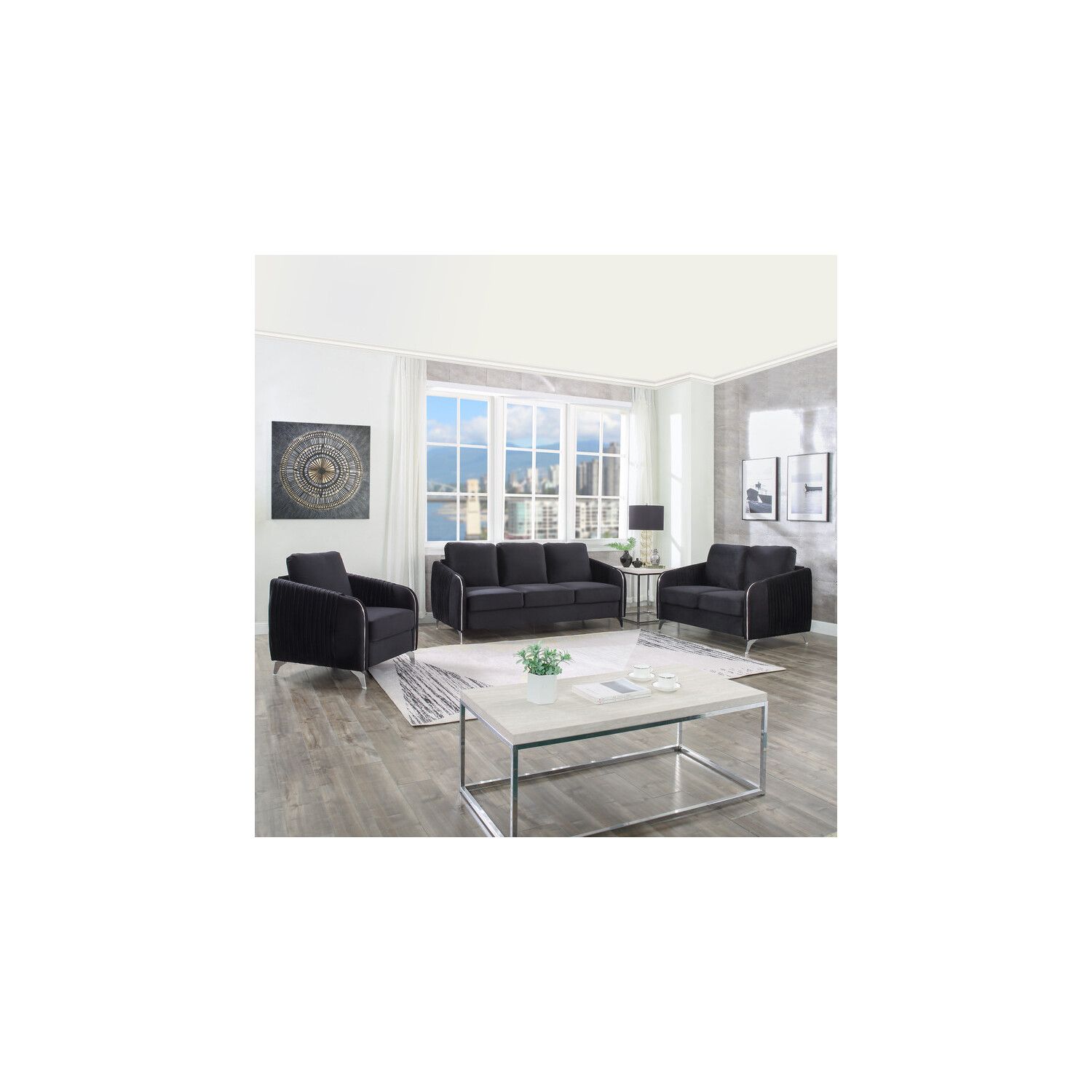 Lilola Home Hathaway Black Velvet Fabric Sofa Loveseat Chair Living ... for Hathaway Black Velvet Fabric Sofa Loveseat Living Room Set