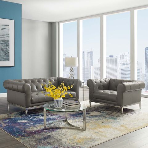 Modway Idyll Tufted Upholstered Leather Loveseat And Armchair In Gray ... inside Idyll Tufted Upholstered Leather 3 Piece Set - Gray