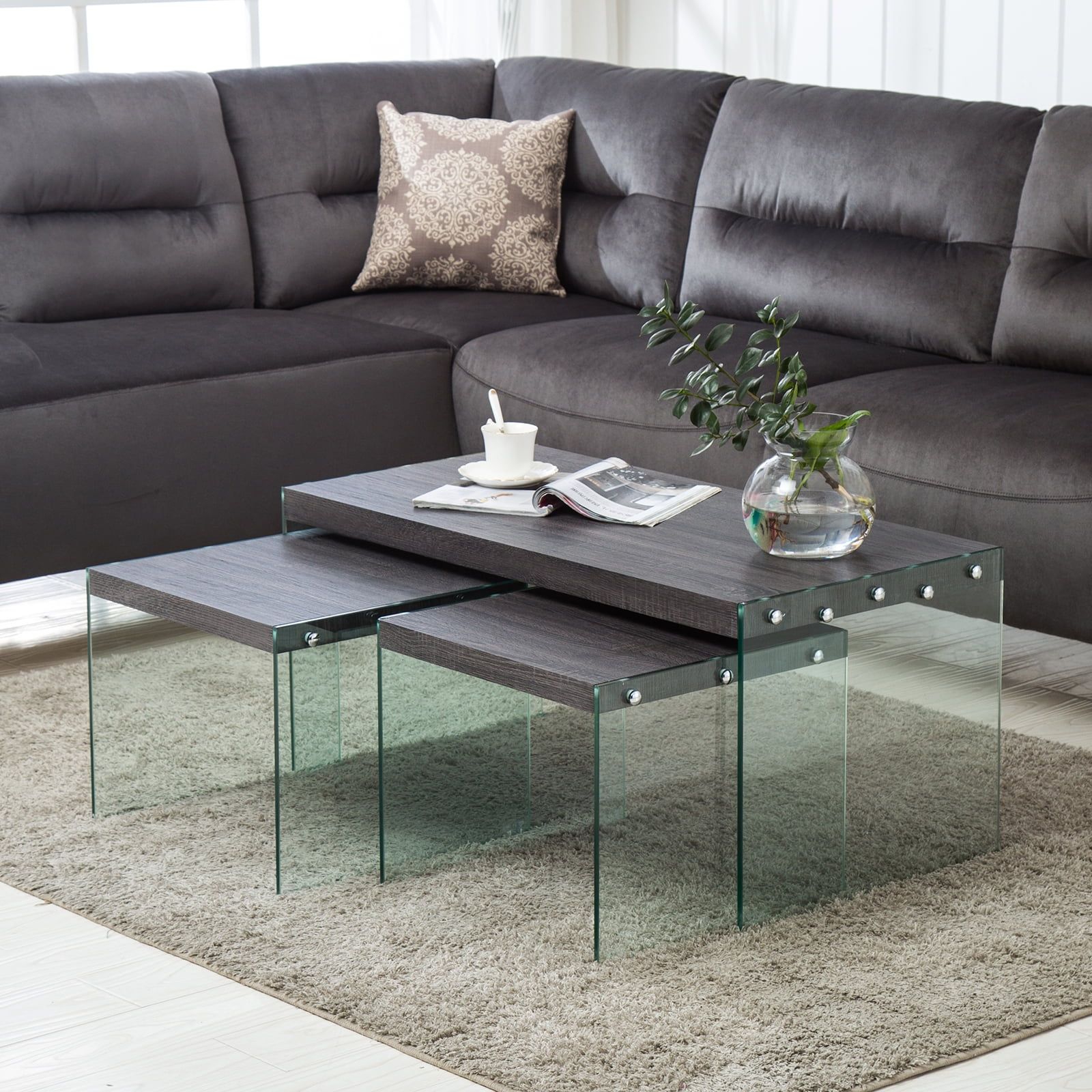 New Black Walnut 3-Piece Glass Side End Table Set Coffee Table Living ... for Modern Living Room Essentials Contemporary Clear Glass and Matte Black Coffee Table Sets