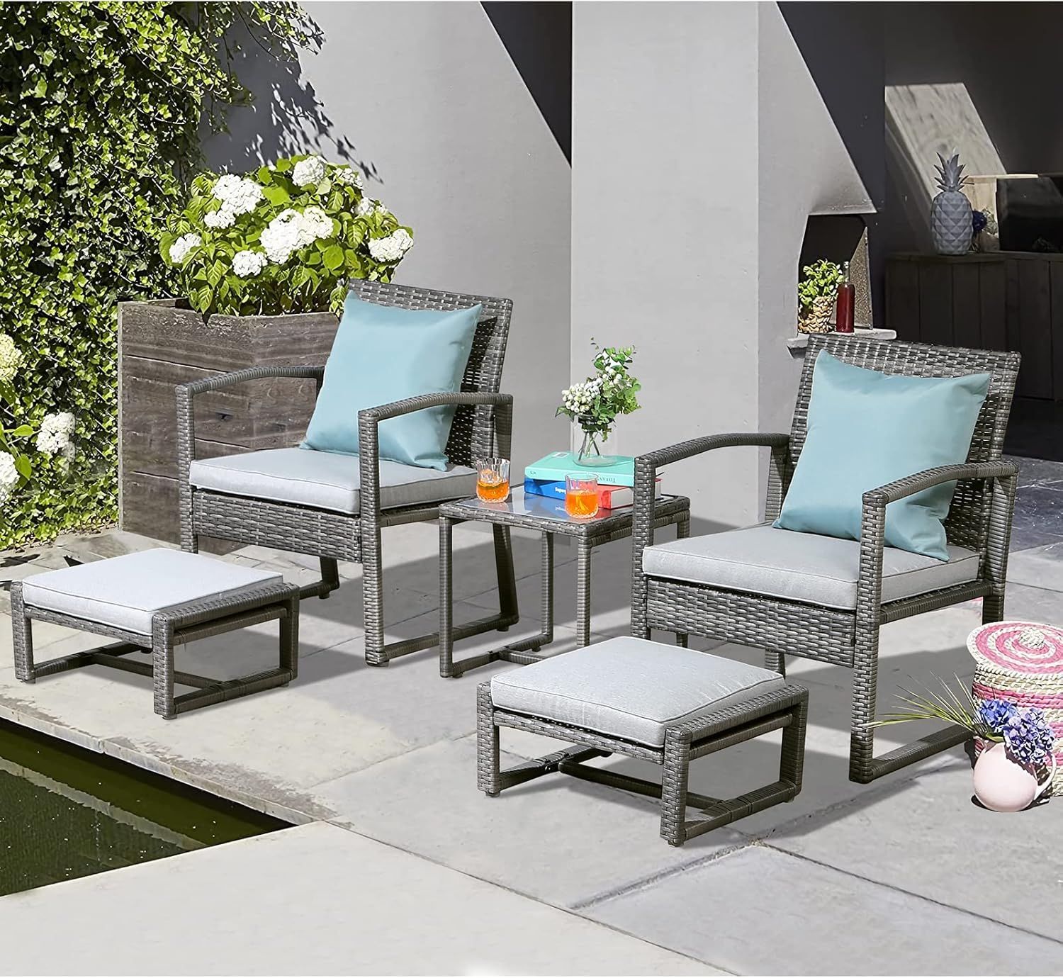 Rattan 5 Piece Patio Sofa Set With Glass Top Table At Carl Cohn Blog intended for Melyssa Rattan Collection, Armchair &amp; Footstool Set