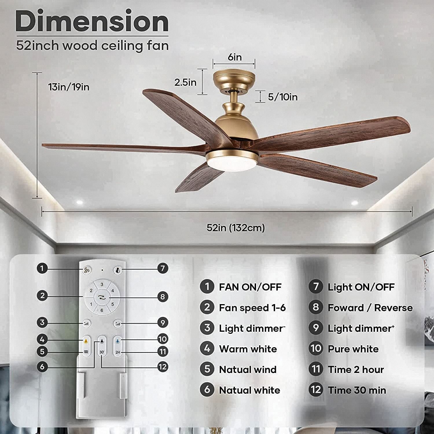 Reversible Solid Wood Blades Speed Noiseless Dc Motor Modern Farmhouse ... pertaining to Outdoor Ceiling Fan With Reversible Blades