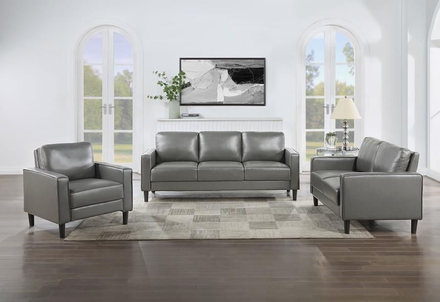 Ruth - 3 Piece Upholstered Track Arm Faux Leather Sofa Set - Grey in Giuliano Contemporary Premium Leather Match 3-Piece Sofa Set