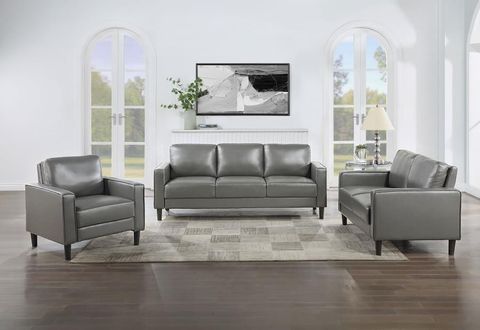 Ruth - 3 Piece Upholstered Track Arm Faux Leather Sofa Set - Grey in Giuliano Contemporary Premium Leather Match 3-Piece Sofa Set