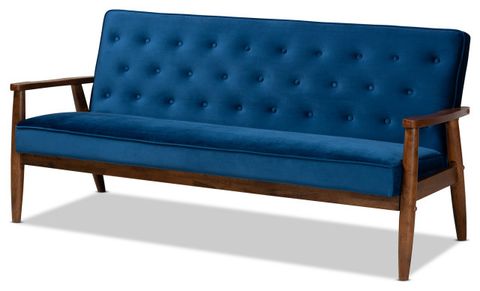 Sorrento Navy Blue Velvet Fabric Walnut 3-Piece Wooden Living Room Set ... regarding Creating Comfortable Conversations with Velvet and Wood Furniture Combinations