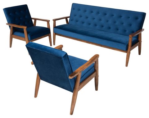 Sorrento Navy Blue Velvet Fabric Walnut 3-Piece Wooden Living Room Set ... within Creating Comfortable Conversations with Velvet and Wood Furniture Combinations