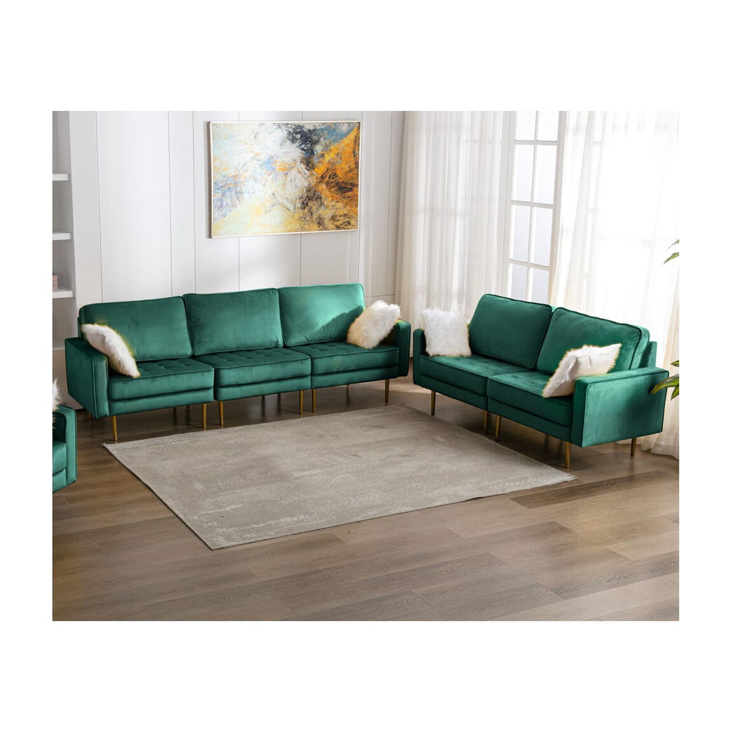 Theo Green Velvet Sofa Loveseat Living Room Set With Throw Pillows ... for Lilola Home Bayberry Green Velvet Sofa Loveseat Chair Living Room Set