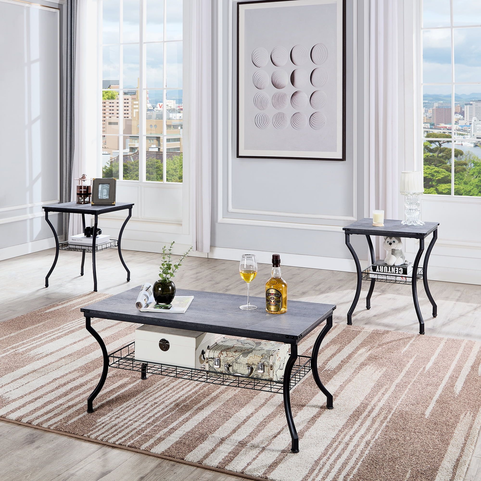 Vecelo Vintage 3-Piece Coffee Table Set, Charcoal Gray, With 2 End ... inside Design Elements That Define Contemporary Living Spaces