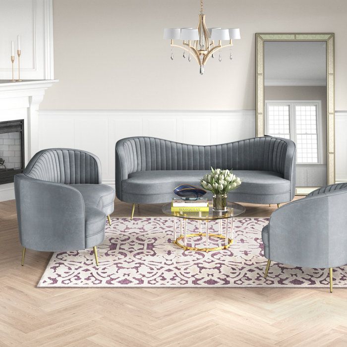 Willa Arlo Interiors Westerham 3 - Piece Velvet Living Room Set ... pertaining to Rebekah 3 Piece Velvet Living Room Set, Gery, Navy Blue, 19''Hx70''Wx24'' D