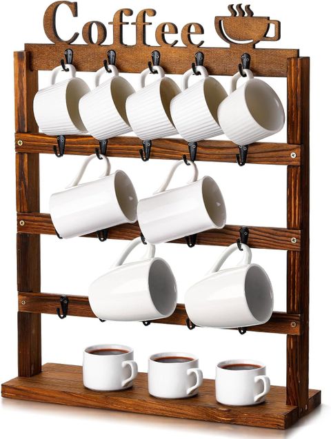 Amazon.com: Vercraft Vintage Wood Coffee Mug Rack 4 Tier Rustic Coffee ... intended for Coffee Mug Closet Hangers