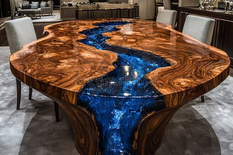 Epoxy River Flowing Wooden Table Stock Photos - Free & Royalty-Free ... regarding Rustic Blue River Living Room Set, Epoxy Resin & Wood