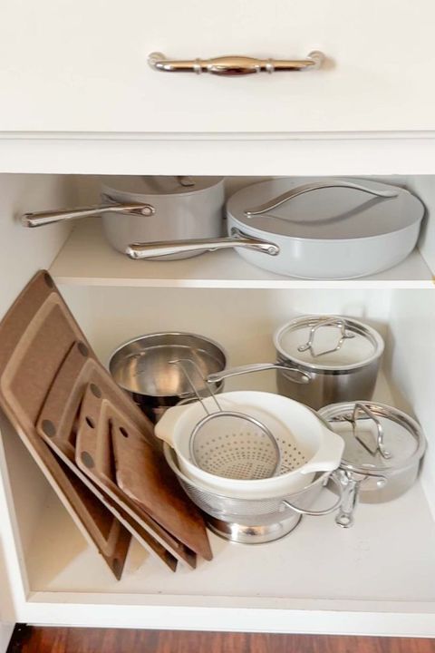 How To Organize Pots And Pans In Kitchen Cabinets - Caitlin Marie Design regarding Simple DIY solutions for worn-out kitchen cookware